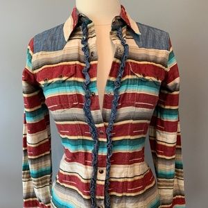 Mexican blanket & denim Tasha Polizzi pearl snap western shirt- Sz Small